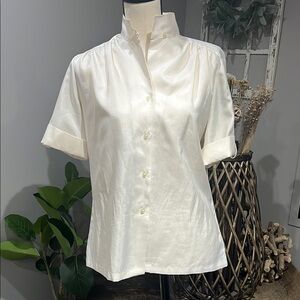 Vintage Cream Short Sleeve Button Down with Mandarin Collar